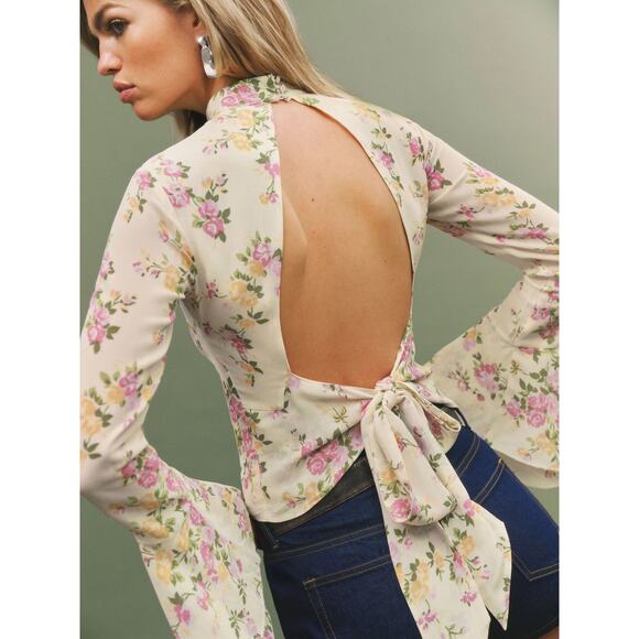 Reformation Tops - NWT Reformation Roxana Top Posy Floral Print Pink Ivory Open Back Blouse Size 6